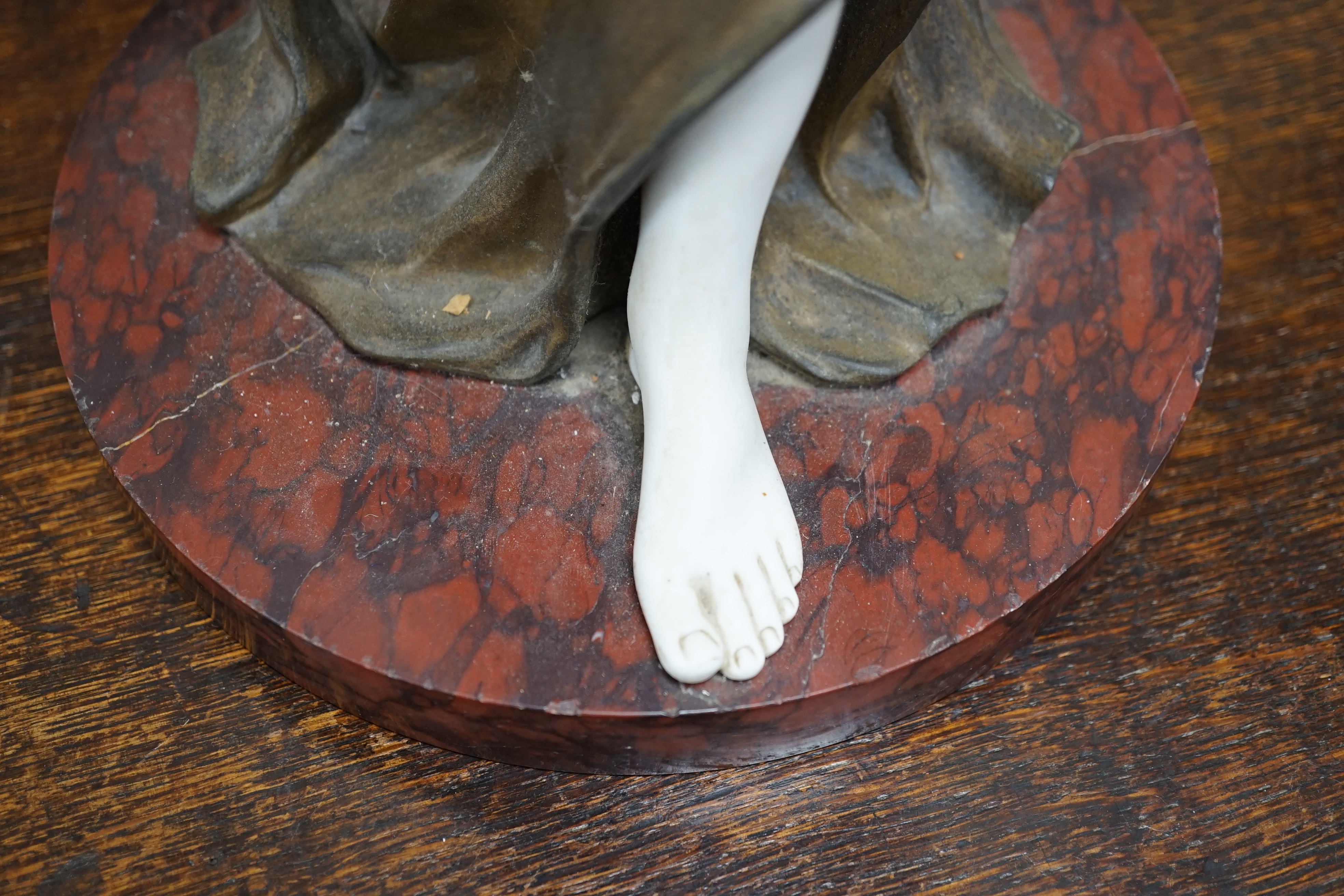 An Art Nouveau gilt-spelter and bisque figural table lamp, on rouge marble base, jewelled gilt-spelter shade, 73cm tall